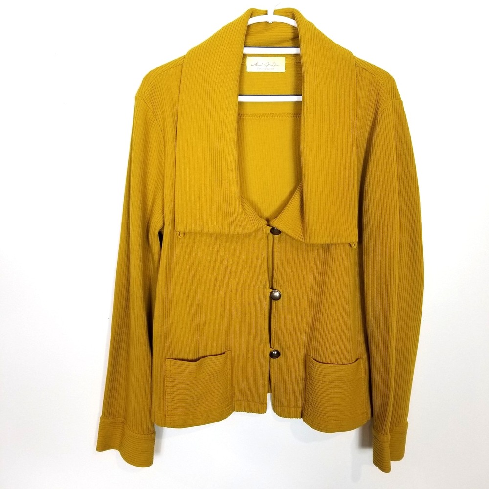 Mod - O - Doc Women Knit Blazer Cardigan Sz L Yellow Button Up Pockets Lagenlook